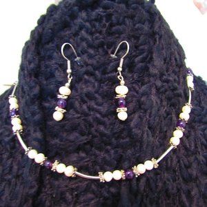 Amethyst & Pearl Necklace + Earrings